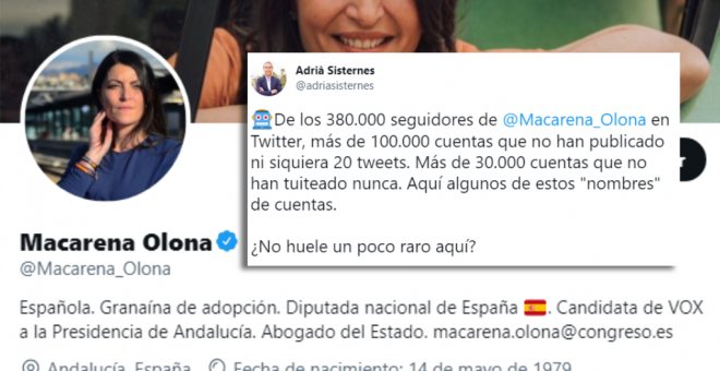 Un analista descubre más de 100.000 seguidores 'sospechosos' en la cuenta de Twitter de Macarena Olona: "¿No huele un poco raro aquí?"