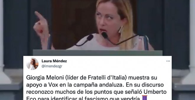 El delirante discurso de la ultraderechista italiana Giorgia Meloni en apoyo a Vox alucina a los tuiteros: "Ya ni se molestan en disimular"
