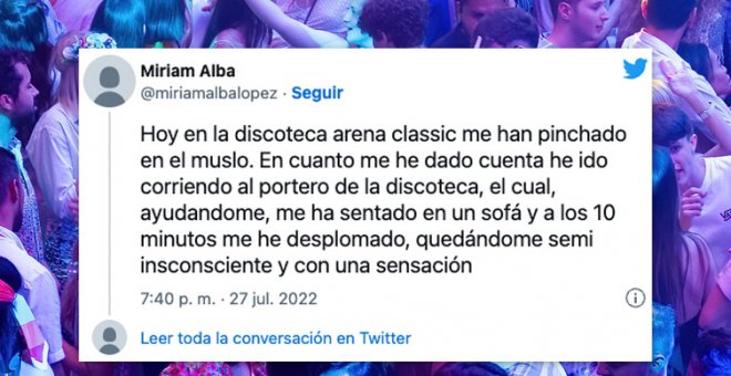 Una joven denuncia en Twitter que ha sido víctima de una sumisión química: "Si notáis un pinchazo pedid ayuda rápido"