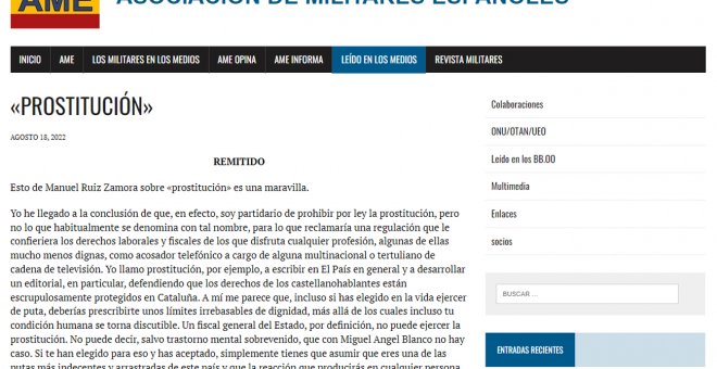 Una asociación franquista de exmilitares publica un artículo lleno de insultos misóginos contra miembros del Gobierno