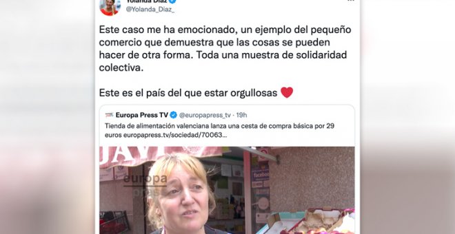 El aplauso de Yolanda Díaz a una tienda que ha creado una cesta de la compra por 29 euros: "Este es el país del que estar orgullosas"