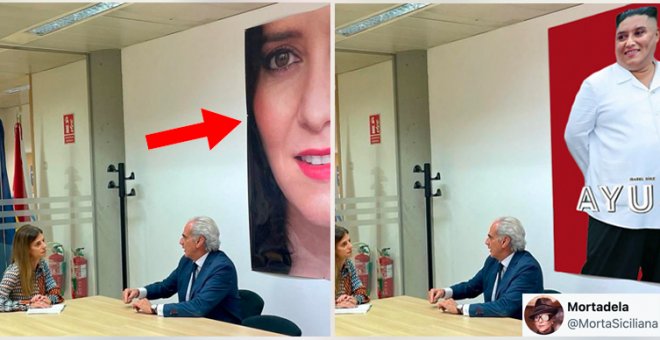 La gigantesca foto de Ayuso en una reunión del PP que aunque lo parezca no es un meme: "Ríete tú de Corea del Norte"