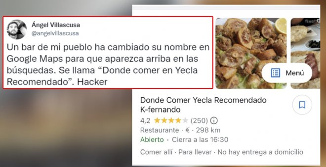 La promoción de un restaurante que podría costarle la suspensión de Google: "Dónde Comer Yecla Recomendado"
