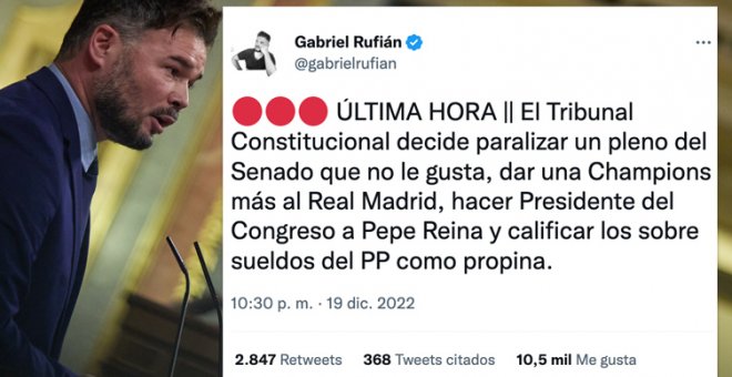 Los tres comentarios de Gabriel Rufián sobre la decisión del Constitucional: "Lo peor es el precedente"