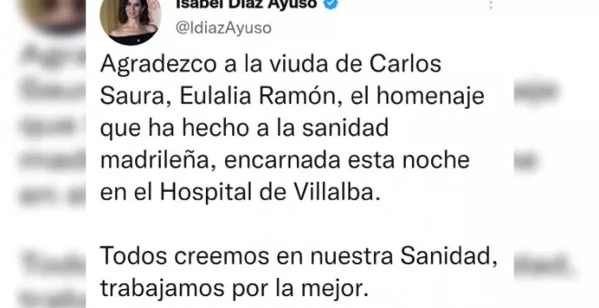 Las palabras de Ayuso a la viuda de Carlos Saura tras defender la sanidad pública enfurecen las redes sociales: "Goya al mejor cortometraje de ficción"