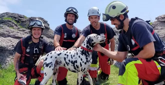 Los Bomberos del 112 rescatan a un perro caído en una sima en Ajo