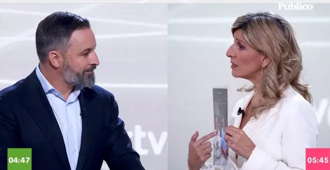 Los momentos más destacados de Yolanda Díaz y Pedro Sánchez frente a Santiago Abascal en el debate de RTVE