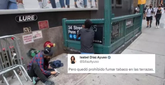 Ayuso utiliza una imagen de la crisis del fentanilo en EEUU para criticar la prohibición de fumar en terrazas: "No es una cuenta parodia"