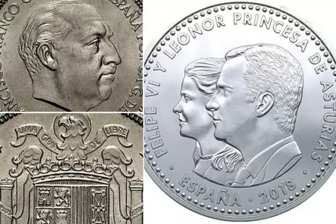 A la izquierda, paradójicamente, el duro de Franco; a la derecha, la moneda de la princesa Leonor y el rey Felipe.