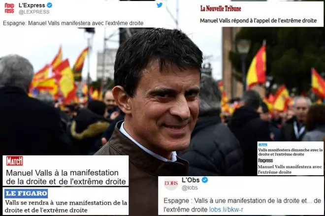 Manuel Valls, candidato de Ciudadanos a la Alcaldía de Barcelona, en la manifestación de Colón en la que participó Vox y su líder, Santiago Abascal. / AFP