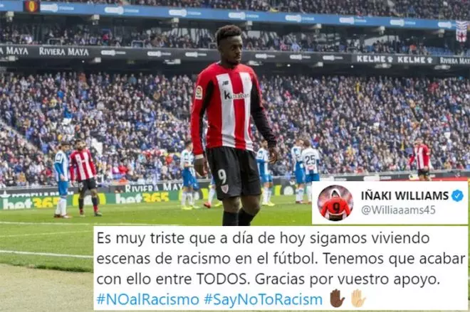 El jugador del Athletic Iñaki Williams lamenta los insultos racistas en el campo del Espanyol.