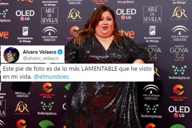 Críticas en Twitter al pie de foto sobre el vestido y la talla de una actriz en los Premios Goya.