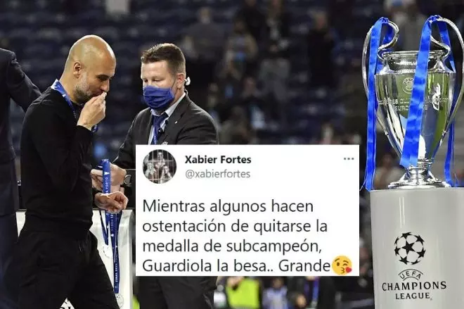 El entrenador del Manchester City, Pep Guardiola, besa la medalla en la final de Champions League ante el Chelsea en Oporto. / Pierre-Philippe Marcou (EFE)