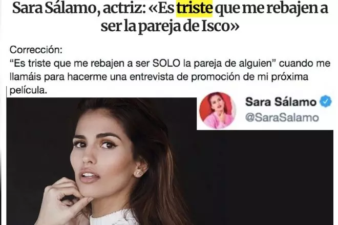 La actriz Sara Sálamo critica que en las entrevistas le pregunten por su pareja, el futbolista del Real Madrid Isco Alarcón.