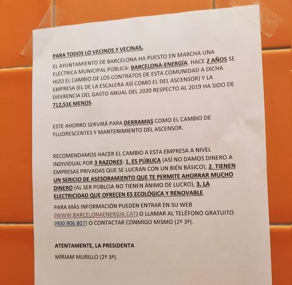 La carta de una comunidad de vecinos de Barcelona que se ha hecho viral:  ahorraron 712 euros en electricidad en un año | Tremending