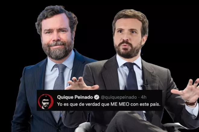 Imagen combinada de Iván Espinosa de los Monteros, Pablo Casado y un tuit de Quique Peinado.