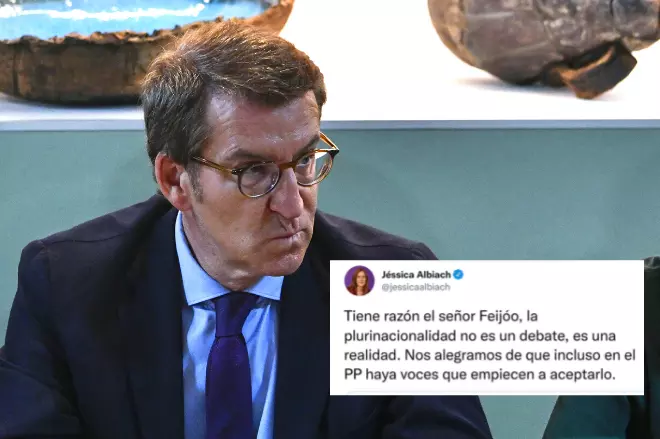 Imagen combinada del El presidente del PP, Alberto Núñez Feijóo, y un tuit de Jessica Albichs. — Antonio Sempere / Europa Press