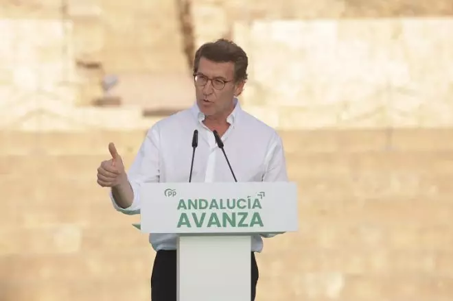 El presidente del PP, Alberto Núñez Feijóo, durante la clausura de un mitin en Málaga durante campaña para las elecciones andaluzas.- Álex Zea / Europa Press