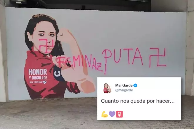 Imagen combinada de un tuit de Mai Garde y el mural que ha sido vandalizado. —Twitter