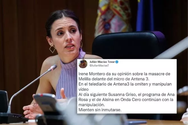 Imagen combinada de un tuit de Julián Macías y una fotografía de Irene Montero. — Alejandro Martínez Vélez/Europa Press