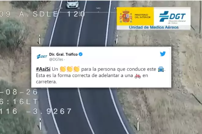 Imagen combinada de un tuit de la DGT y un coche adelantando a un ciclista. - Twitter