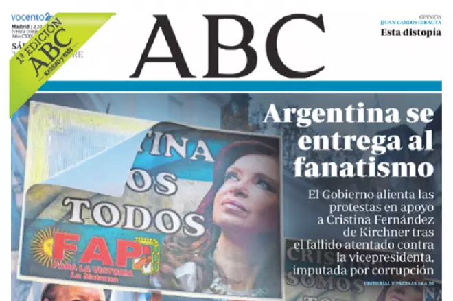 La portada de ABC que califica de "fanatismo" las manifestaciones en apoyo a Cristina Fernández de KIrchner