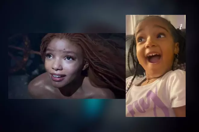 Imagen combinada de un fotograma de la nueva película de 'La Sirenita' y una niña reaccionando al tráiler. - Twitter/TikTok
