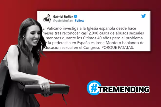 Imagen combinada de Irene Montero y un tuit de Gabriel Rufián. Twitter / EFE / TREMENDING