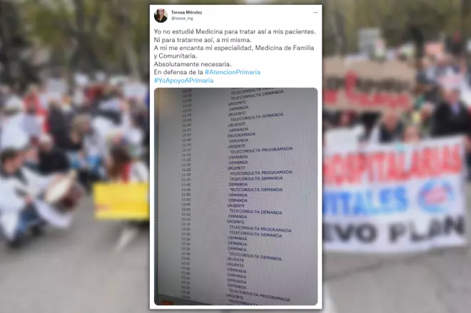 Imagen combinada de un tuit de una médica de familia y una manifestación. —Twitter / Europa Press