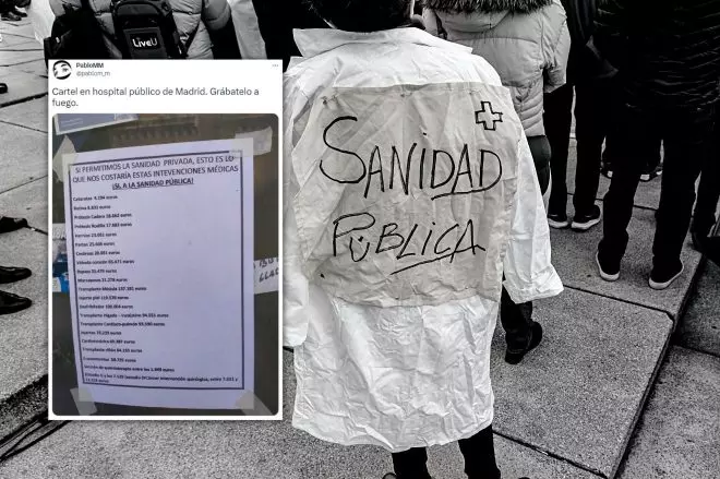 Imagen combinada de un tuit y una manifestación en defensa de la sanidad pública. — Twitter / Europa Press