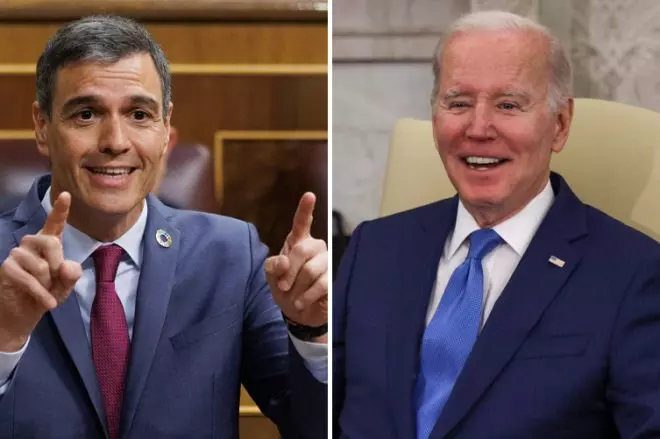 Un combo de fotos que recrea el posible saludo de Sánchez a Biden.