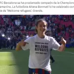 Captura de pantalla del tuit que muestra a Aitana Bonmatí con su camiseta antirracista tras ganar el Barcelona la Champions femenina