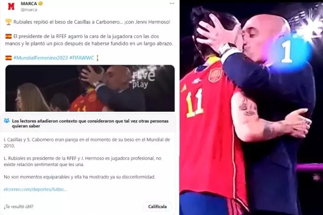 'Collage' con la imagen del beso robado de Rubiales y el tuit de Marca