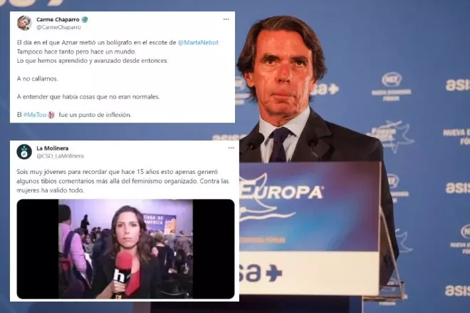 Collage con una imagen de José María Aznar y las respuestas de los tuiteros
