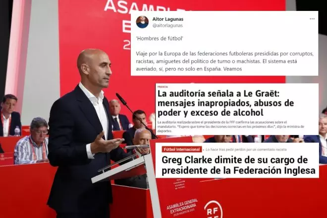 Collage con una imagen de Luis Rubiales y los titulares de algunos casos de escándalo de otros presidentes de federaciones futboleras