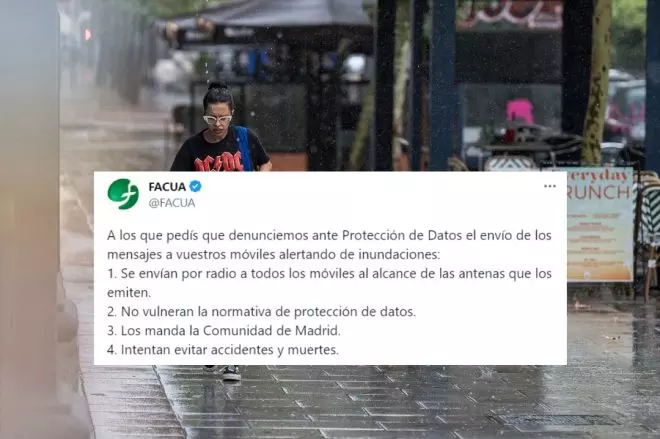 Collage con una imagen tomada durante el paso de la DANA en Madrid y la respuesta de Facua