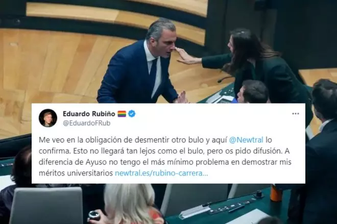 La estrategia de la extrema derecha para desacreditar a Eduardo Rubiño después de que Ortega Smith le tirara una botella a la cara 'Collage' con la imagen de la escena de Ortega Smith encarándose con Rubiño y varios tuits de éste'Collage' con la imagen de la escena de Ortega Smith encarándose con Rubiño y la captura de un tuit de éste