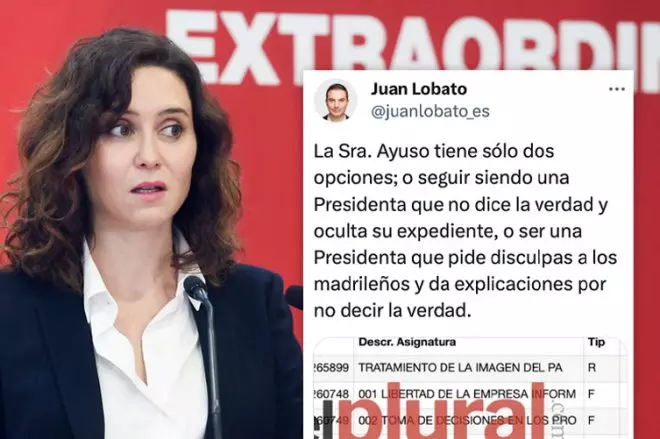 Juan Lobato critica a Isabel Díaz Ayuso tras las últimas informaciones sobre su opaco expediente académico.-