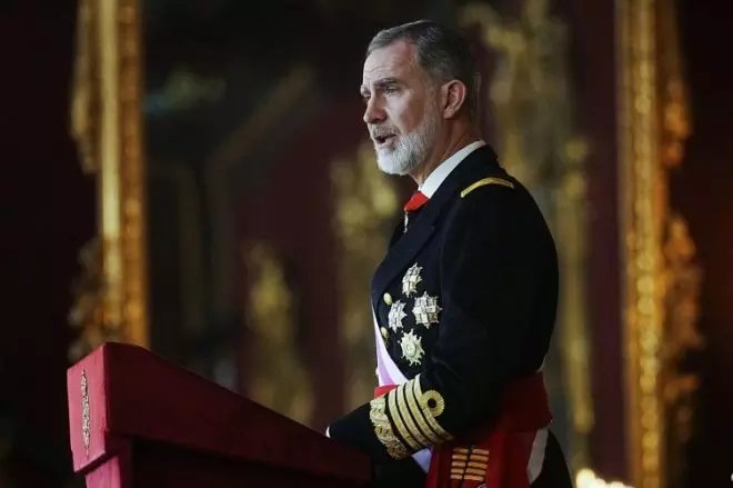 El rey Felipe VI, durante su discurso en la recepción este sábado en el Palacio Real con motivo de la Pascua Militar.-EFE | Borja Sanchez-Trillo