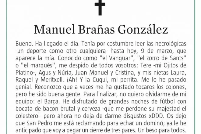 Esquela de Manuel Brañas González