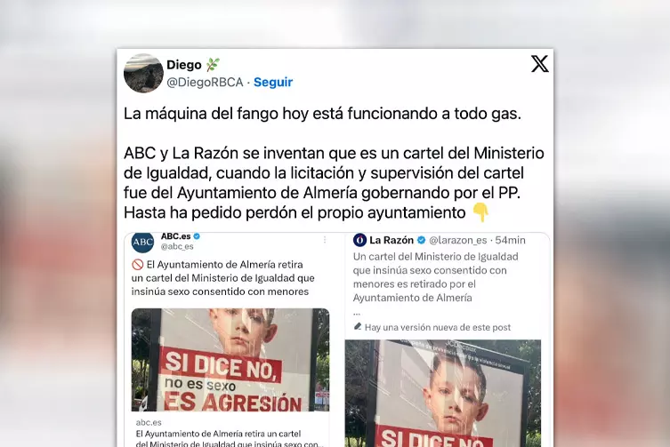 "La máquina del fango, a todo gas": el cartel de Almería o cuando hasta un error del PP sirve a la 'fachasfera' para cargar contra Igualdad