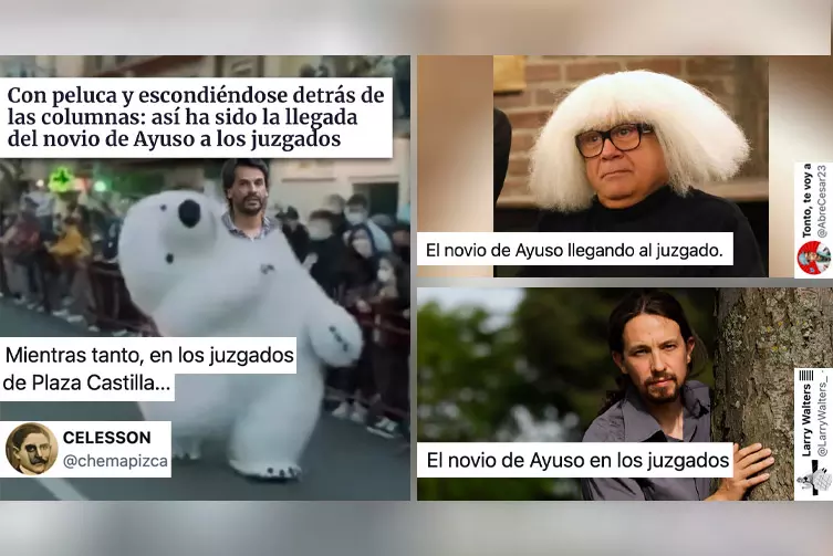El novio de Ayuso, con peluca y escondiéndose entre columnas: despiporre (y memes) con González Amador a su llegada al juzgado