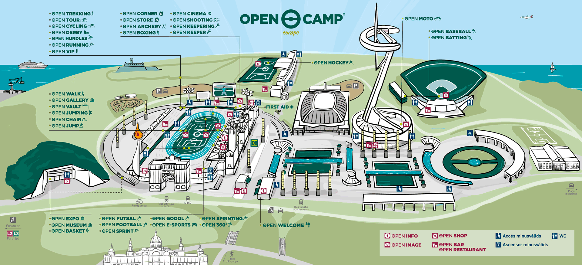 Open camp. Open Camp в Барселоне. Спортивный парк open Camp в Барселоне [8].. Парк Монжуик генплан. Схема спортивного парка.