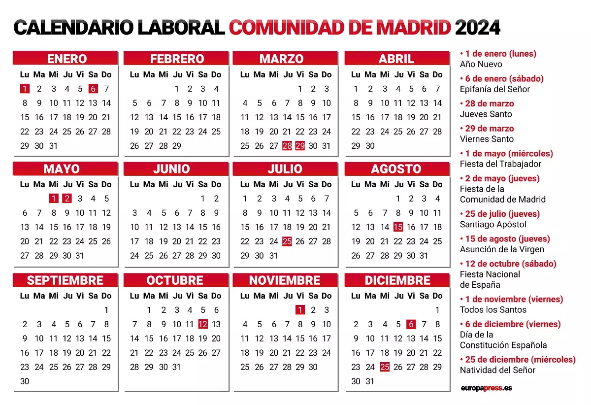 Calendario Laboral 2024 Madrid - Días festivos Comunidad de Madrid