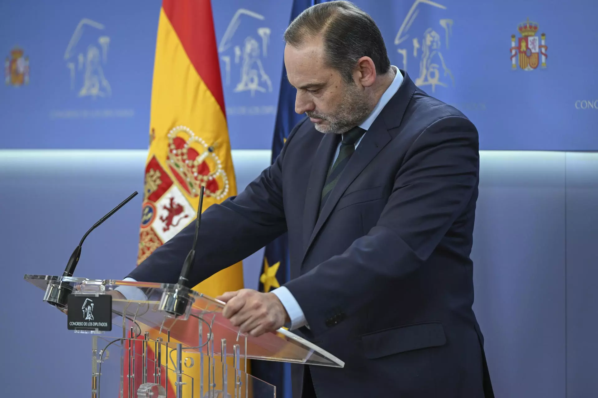 El exministro José Luis Ábalos, durante la rueda de prensa que ofreció el pasado martes en el Congreso. — Fernando Villar / EFE