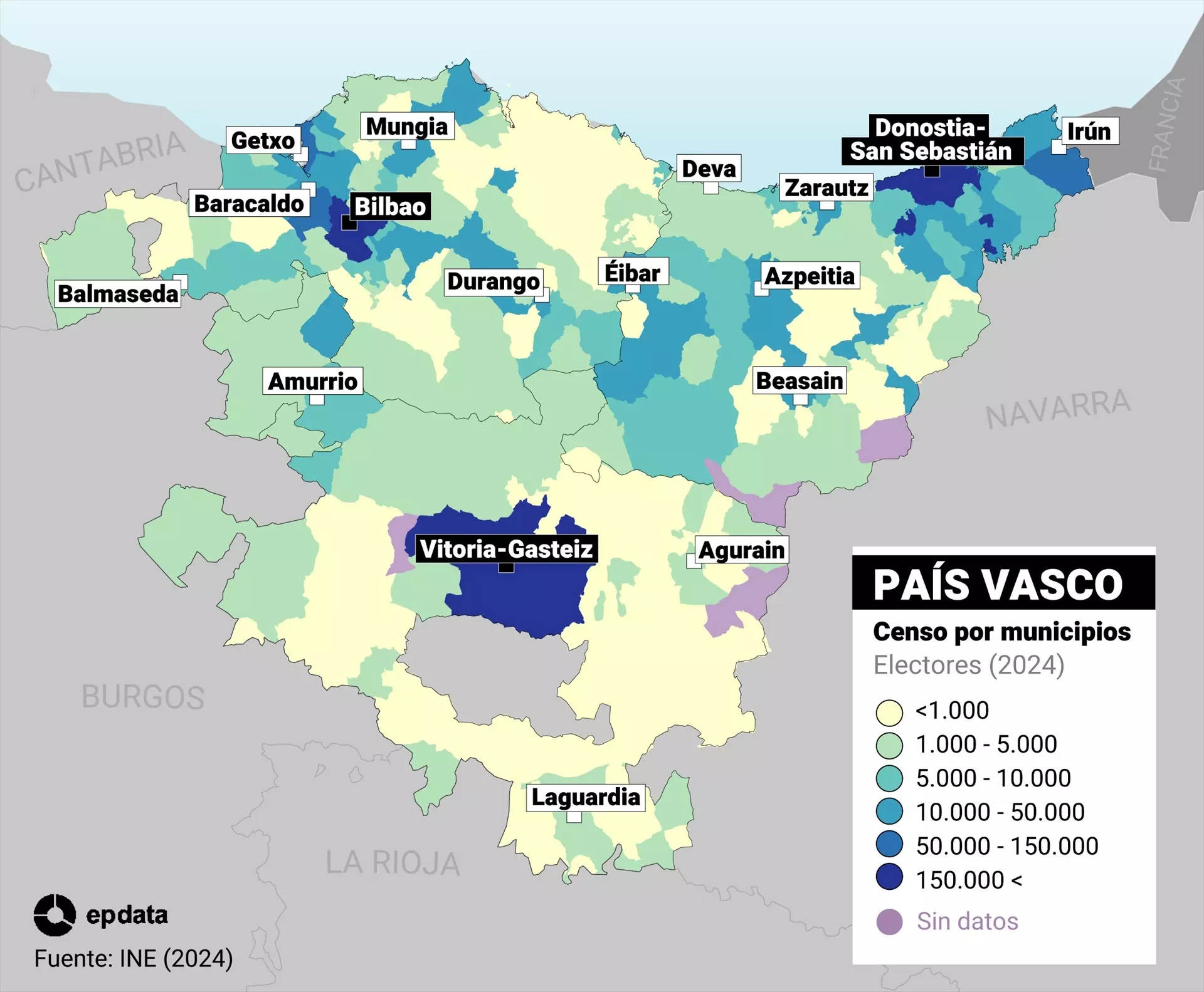 Mapa que representa el censo electoral para las elecciones que se celebrarán el próximo 21 de abril de 2024 en Euskadi. — Europa Press