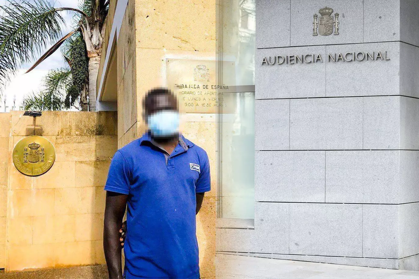 El joven sudanés Basir (nombre ficticio para proteger su identidad) en la Embajada de España en Marruecos, con una imagen de la fachada de la Audiencia Nacional al lado (composición). — Cedida