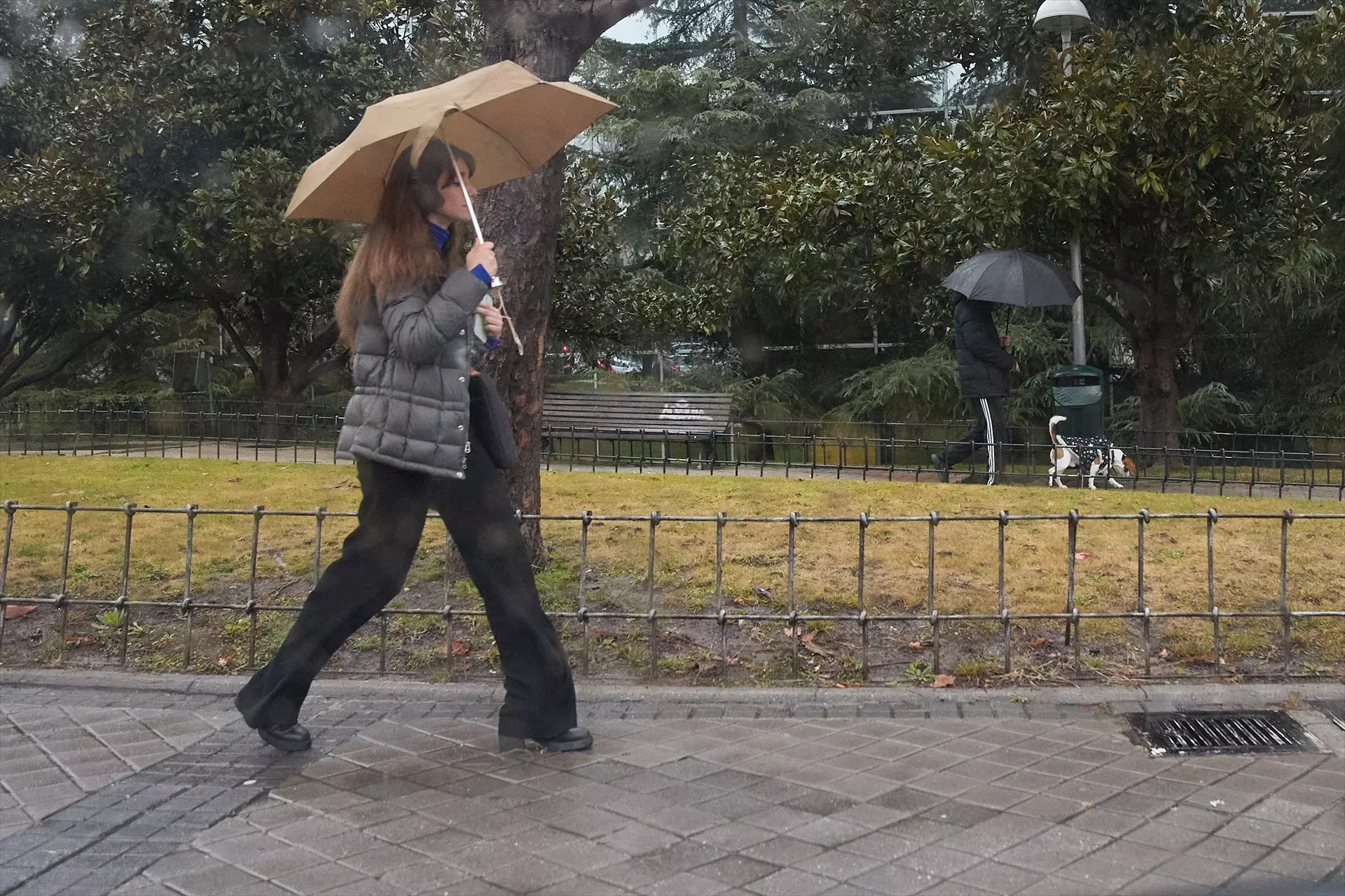 Una mujer se protege de la lluvia con un paraguas, a 9 de febrero de 2024, en Madrid. — Jesús Hellín / EP