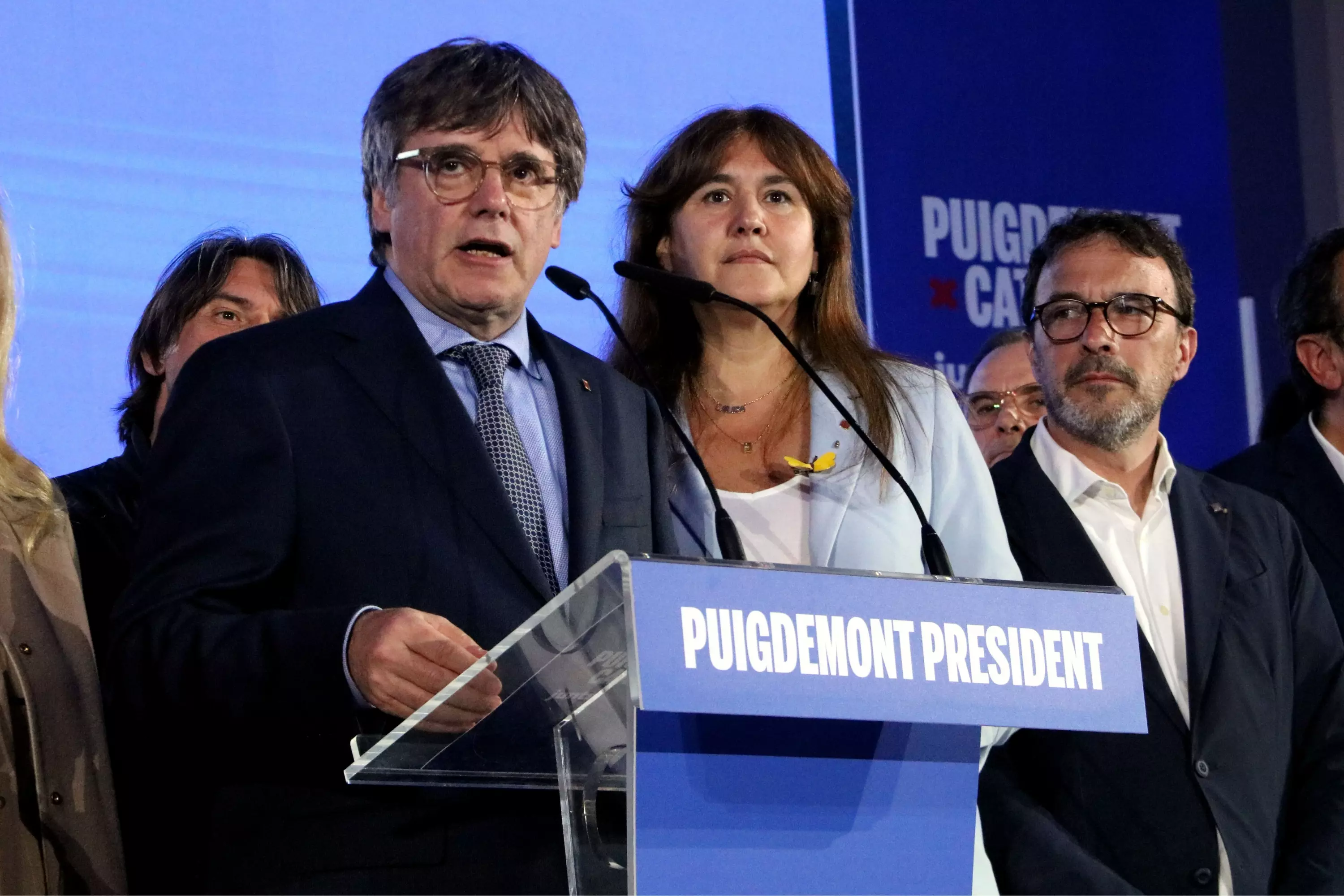 Carles Puigdemont durante su comparecencia al final de la jornada electoral en Argelèrs. — Gemma Tubert / ACN