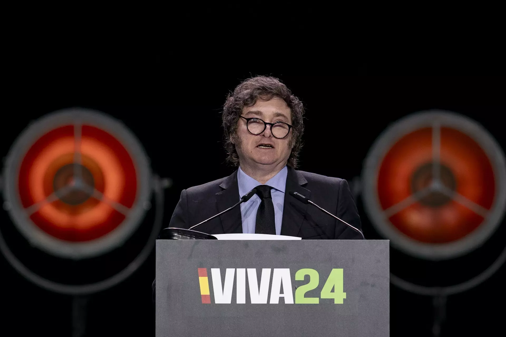 El presidente de Argentina, Javier Milei, interviene durante el acto de Vox en Madrid, a 19 de mayo de 2024. — A. Pérez Meca / Europa Press